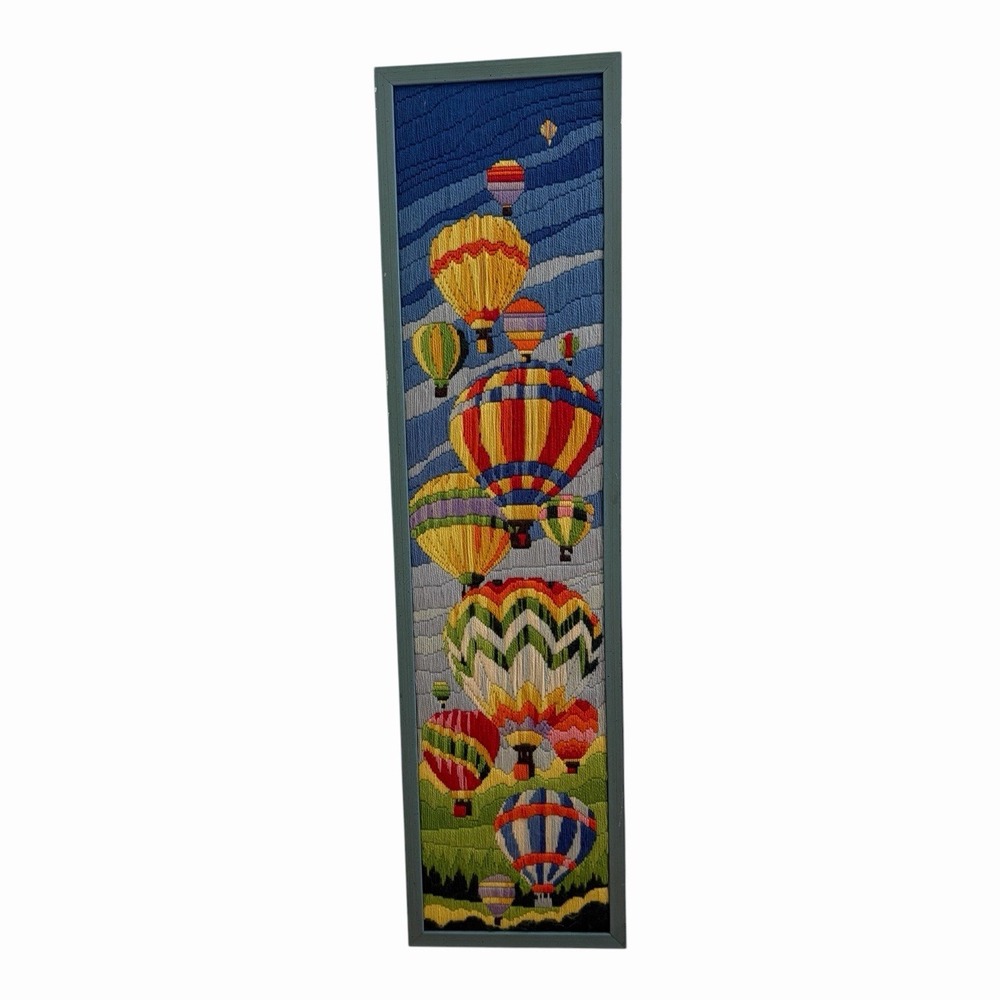 Large Crewel Embroidered Hot Air Balloons Framed Picture 37" X 9.5" Vintage